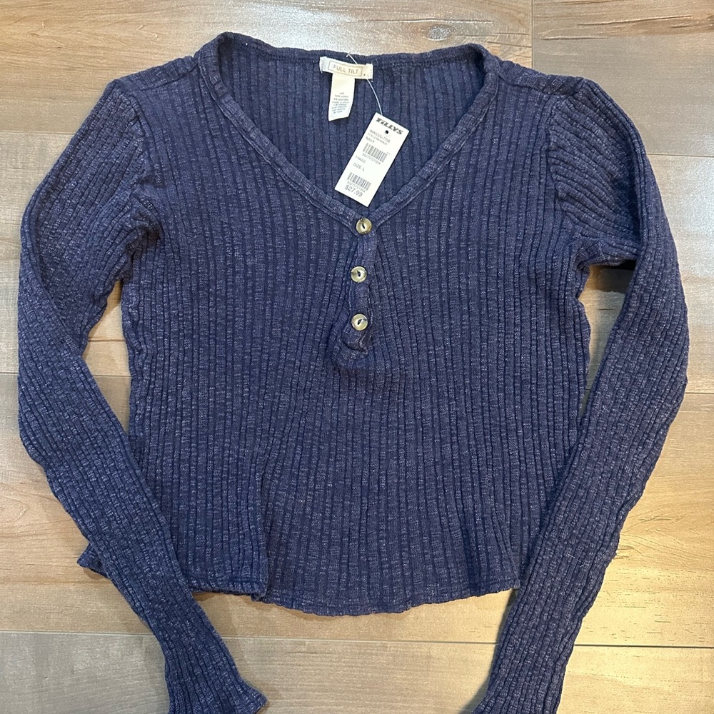 Tilly's Navy Ribbed Long Sleeve Top
